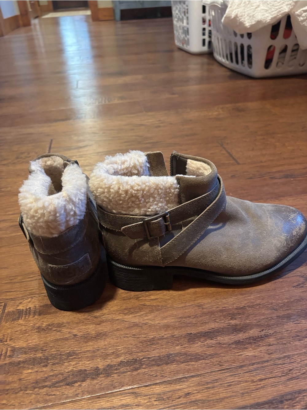 UGG Taupe Suede Ankle Booties with Shearling Collar
